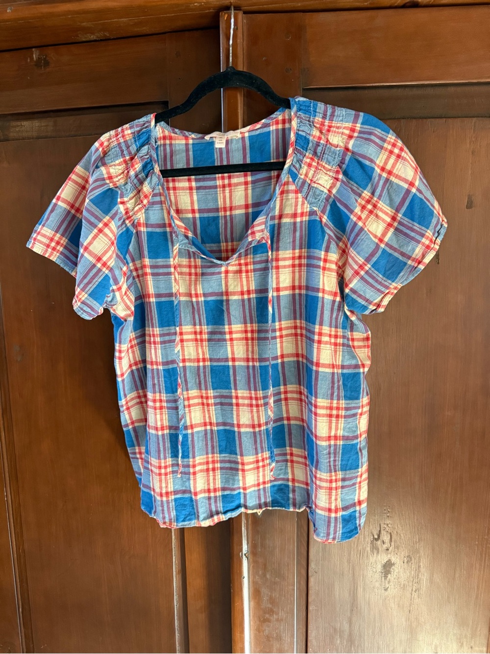 Women’s Como Vintage Blue Red Plaid Short-Sleeve Peasant Top